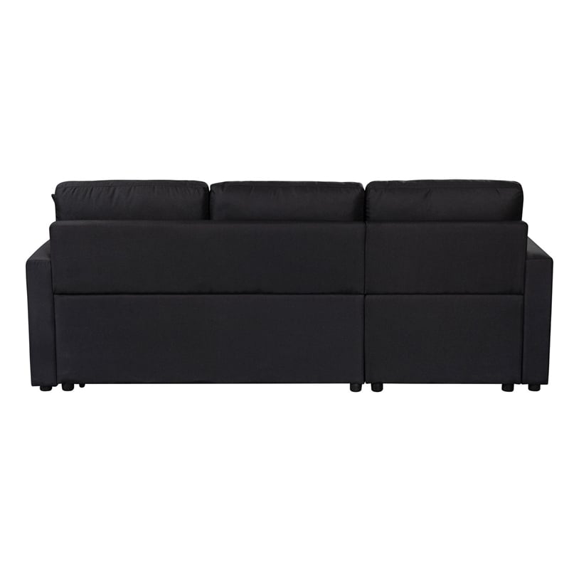 Paisley Black Linen Fabric Reversible Sleeper Sectional Sofa w/ Storage Chaise