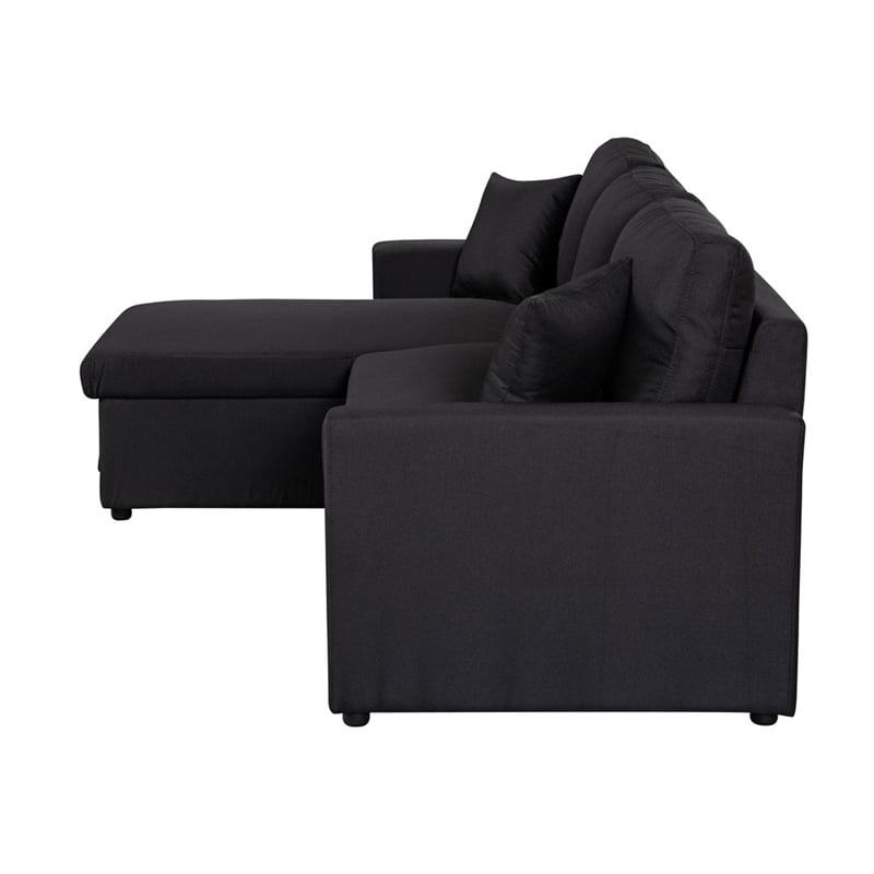 Paisley Black Linen Fabric Reversible Sleeper Sectional Sofa w/ Storage Chaise