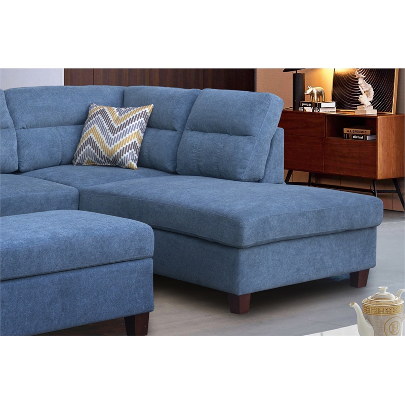 Diego Blue Fabric Sectional with Storage Ottoman and 2 Accent Pillows