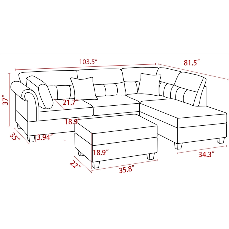 Diego Blue Fabric Sectional with Storage Ottoman and 2 Accent Pillows