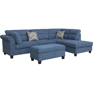 Diego Blue Fabric Sectional with Storage Ottoman and 2 Accent Pillows