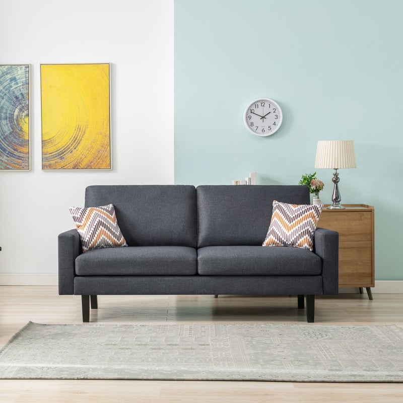 Bahamas Dark Gray Linen Fabric Sofa with Square Arms and 2 Throw Pillows