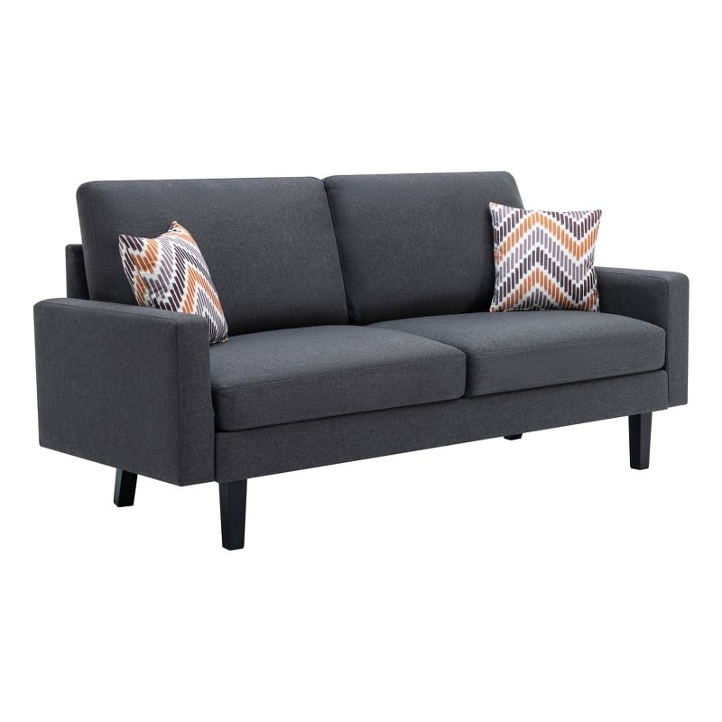 Bahamas Dark Gray Linen Fabric Sofa with Square Arms and 2 Throw Pillows