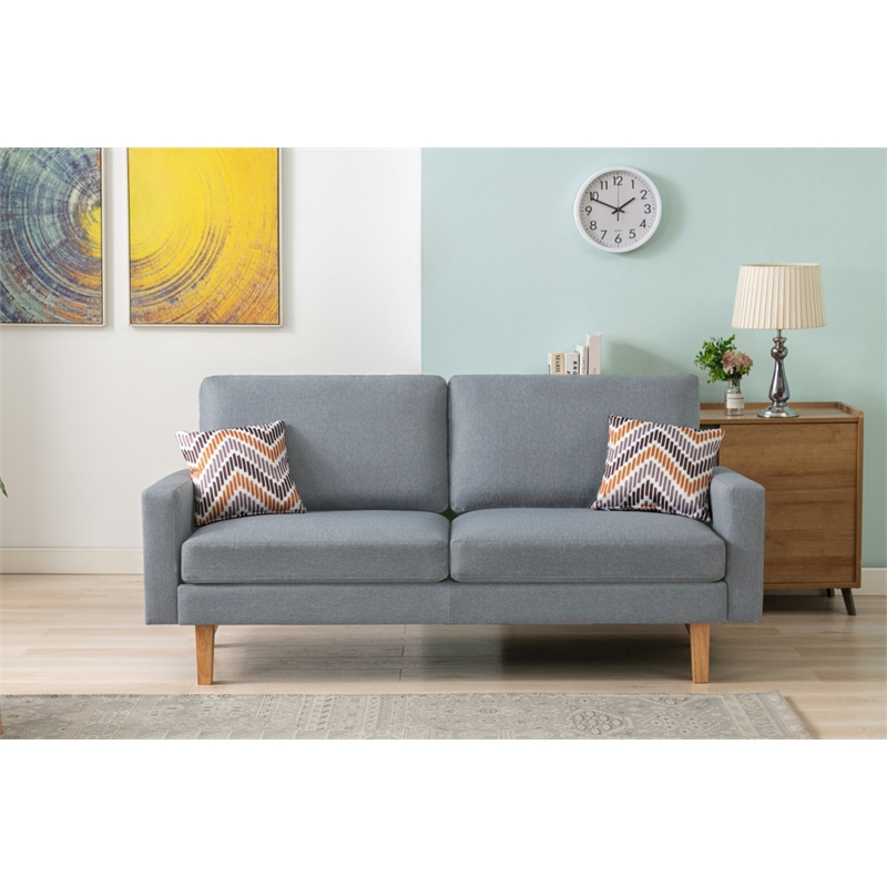 Bahamas Gray Linen Fabric Sofa with Square Arms and 2 Throw Pillows