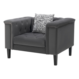 mary dark gray velvet tufted chair with 1 accent pillow and espresso legs