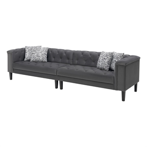 mary dark gray velvet tufted sofa with accent 4 pillows with espresso legs