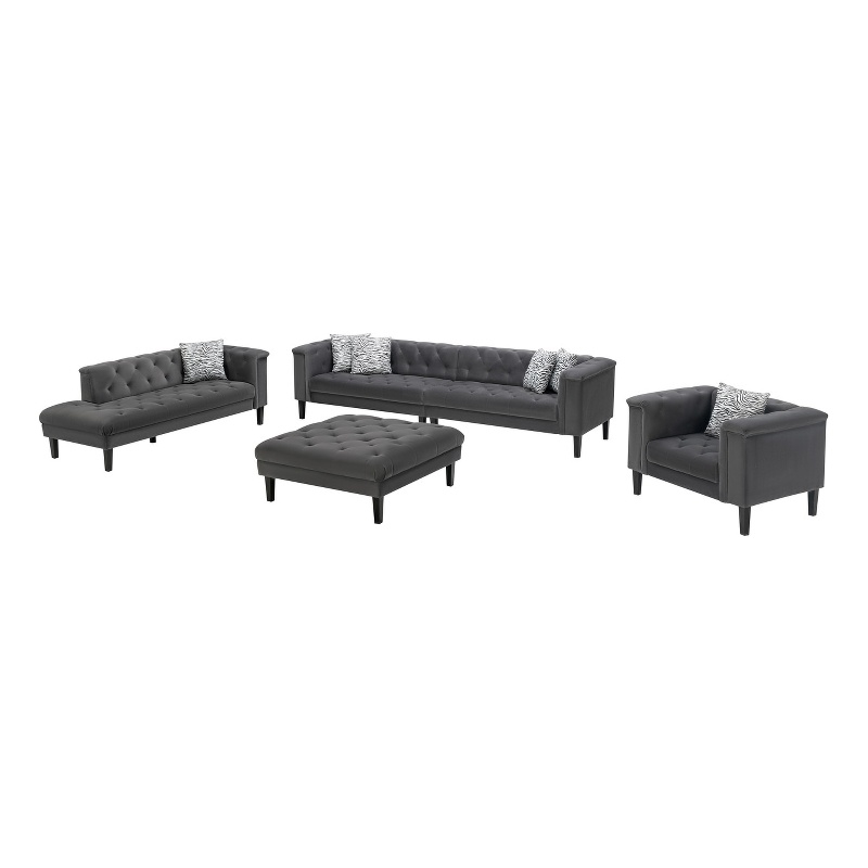 Mary Dark Gray Velvet Tufted Sofa Chaise Chair Ottoman Living Room Set