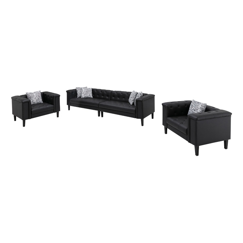 Sarah Black Vegan Faux Leather Tufted Sofa 2 Chairs Living Room Set