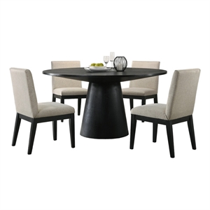 Jasper Ebony Black 5-PC 59&quotRd Dining Tbl.Set w/Pedestal Base+Beige Fabric Chairs
