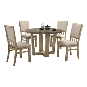 Brutus Vintage Walnut 5 PC 47&quot Round Dining Table Set Wheat Beige Fabric Chairs