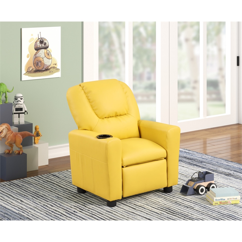 marisa 23&quotw yellow pu faux leather kids recliner chair with cupholder