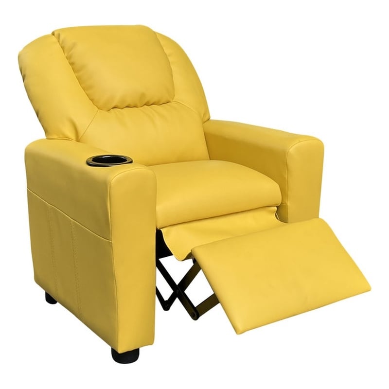 Marisa 23&quotW Yellow PU Faux Leather Kids Recliner Chair with Cupholder