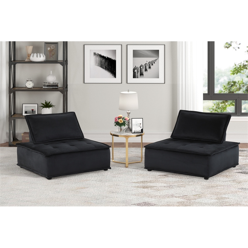 Lilola Home Anna Velvet Armless Lounge Chair with Tufted Seat in Black Set of 2