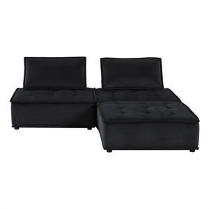Lilola Home Anna Velvet 3 Piece Sectional Loveseat Ottoman in Black