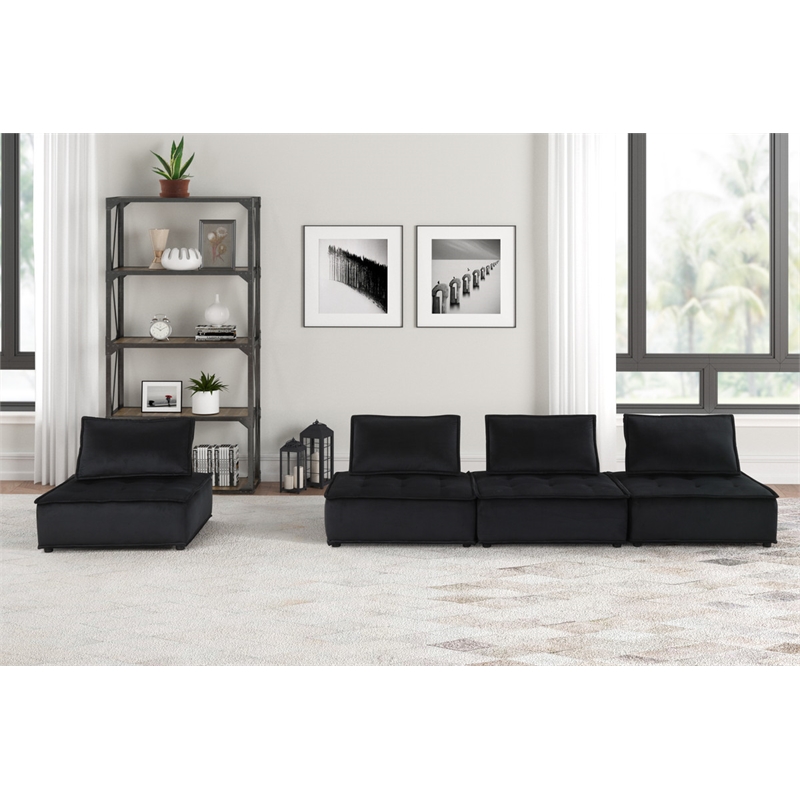 Lilola Home  Anna Velvet 4 Pc Modular Sofa with Tufted Seat in Black