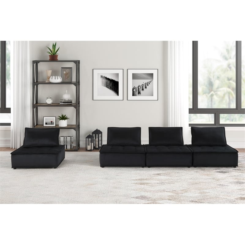 Lilola Home Anna Velvet 4 Piece Sectional Sofa with Tufted Seat in Black