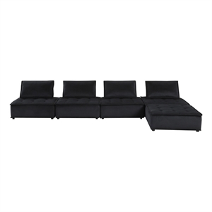 Lilola Home Anna Velvet 5 Pc Sectional Sofa Ottoman with Tufted Seat in Black