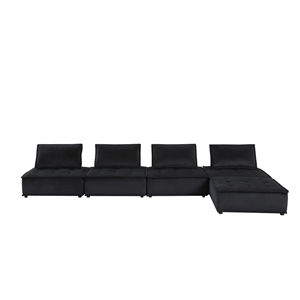 Lilola Home Anna Velvet 5 Piece Sectional Sofa Ottoman with Tufted Seat in Black