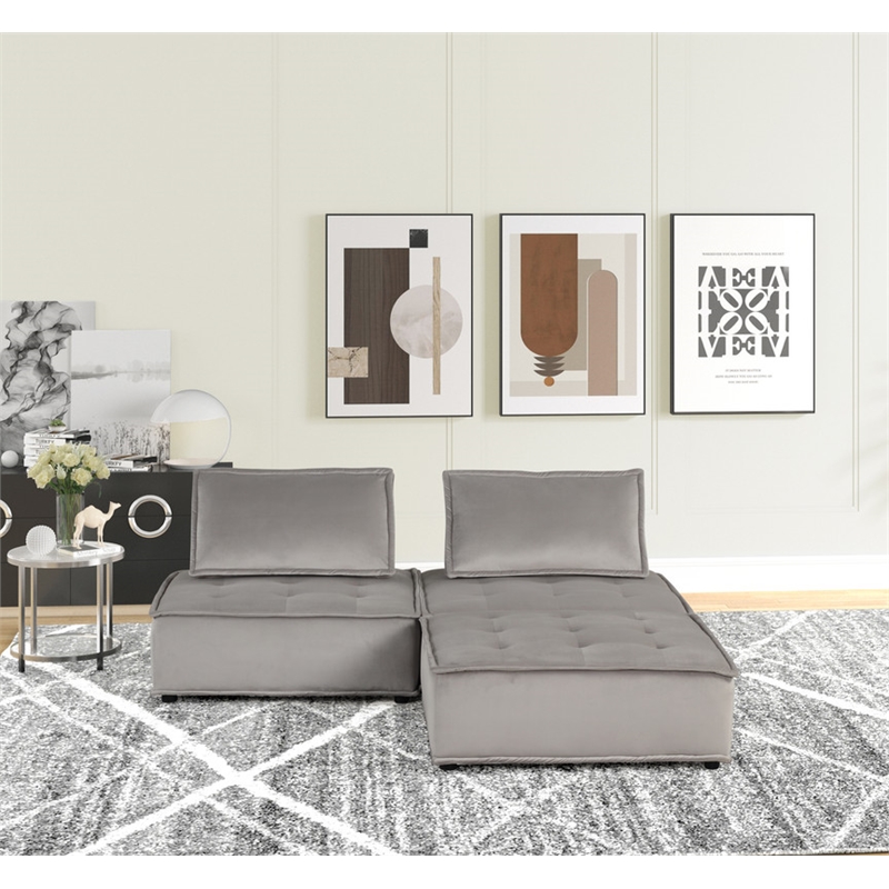 Lilola Home Anna Velvet 3 Piece Sectional Sofa Ottoman in Light Gray