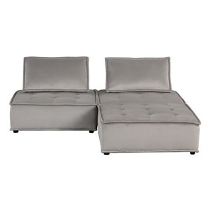 Lilola Home Anna Velvet 3 Piece Sectional Sofa Ottoman in Light Gray