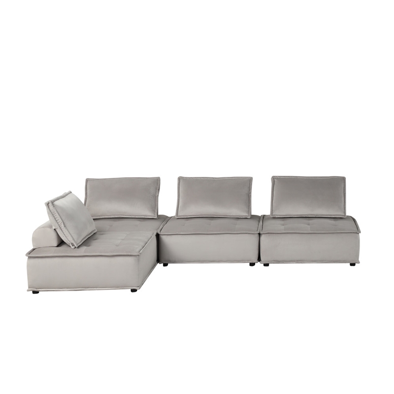 Lilola Home Anna Velvet 4-Seater Modular Sofa with Tufted Seat in Light Gray