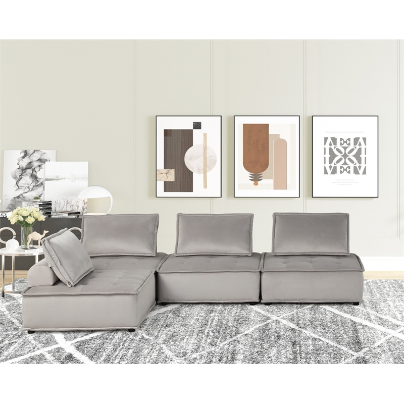 Lilola Home Anna Velvet 4 Pc Sectional Sofa with Tufted Seat in Light Gray