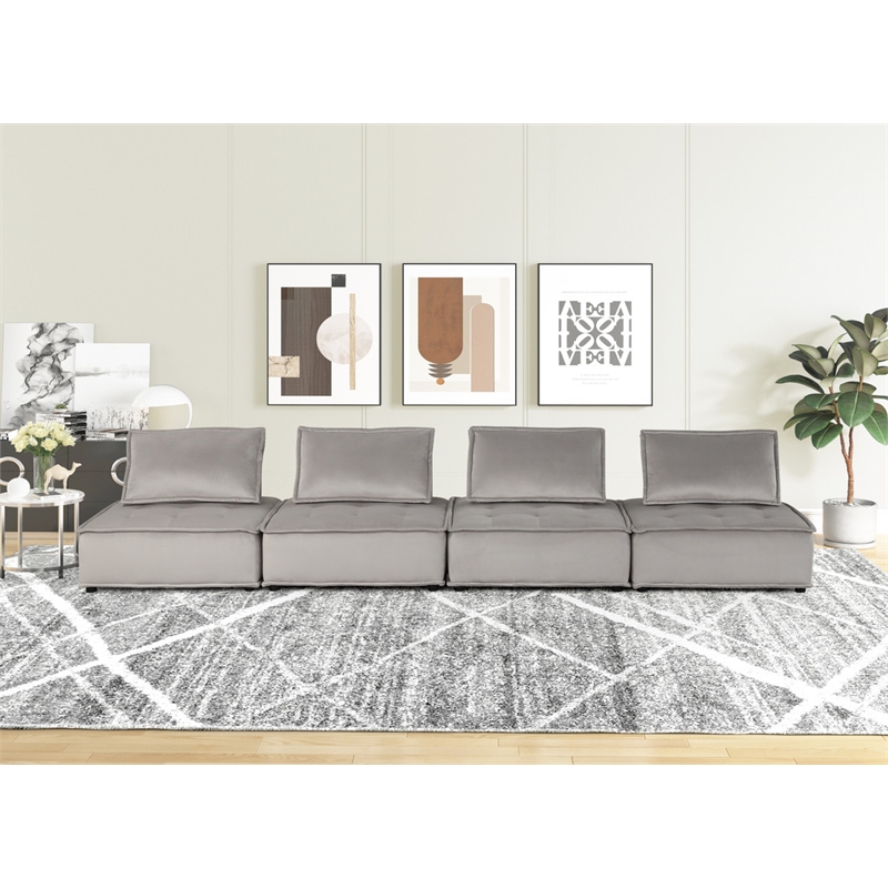 Lilola Home Anna Velvet 4 Pc Sectional Sofa with Tufted Seat in Light Gray