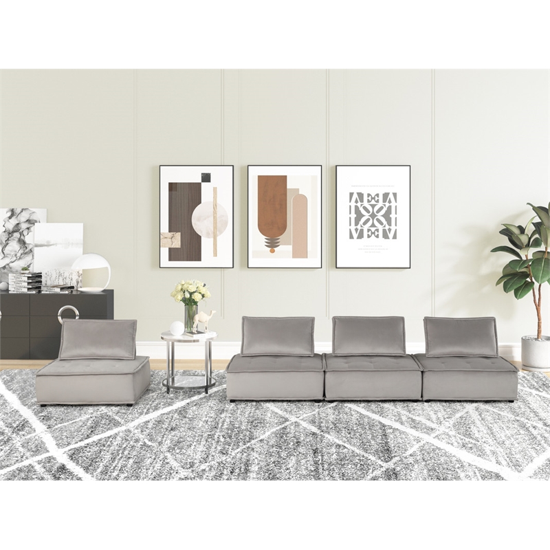 Lilola Home Anna Velvet 4 Pc Sectional Sofa with Tufted Seat in Light Gray