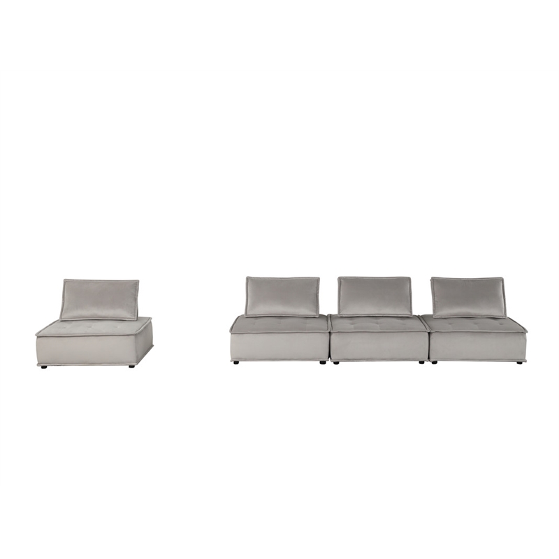 Lilola Home Anna Velvet 4 Pc Sectional Sofa with Tufted Seat in Light Gray