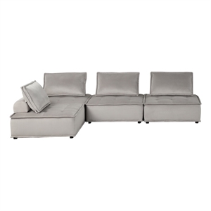Lilola Home Anna Velvet 4 Pc Sectional Sofa with Tufted Seat in Light Gray