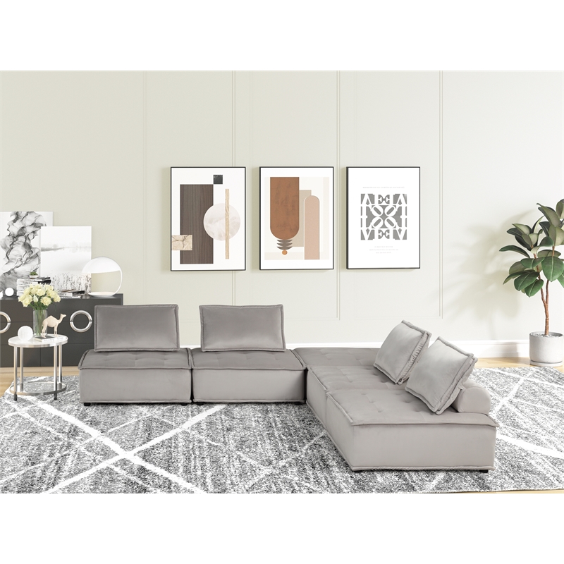 Lilola Home Anna Velvet 5 Pc Sectional Sofa with Tufted Seat in Light Gray