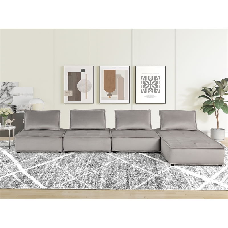 Lilola Home Anna Velvet 5 Pc Sectional Sofa with Tufted Seat in Light Gray