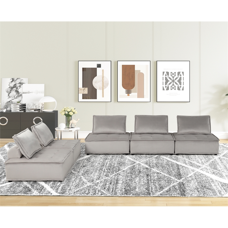 Lilola Home Anna Velvet 5 Pc Sectional Sofa with Tufted Seat in Light Gray