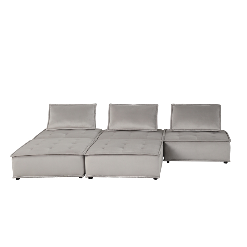 Lilola Home Anna Velvet 5 Pc Sectional Sofa with Tufted Seat in Light Gray