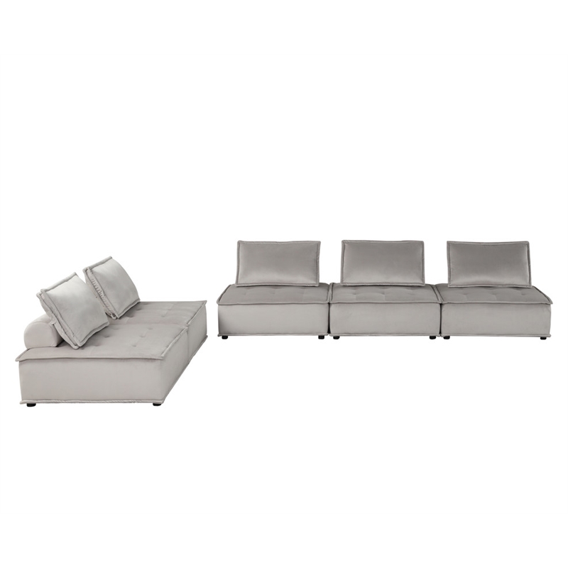 Lilola Home Anna Velvet 5 Pc Sectional Sofa with Tufted Seat in Light Gray
