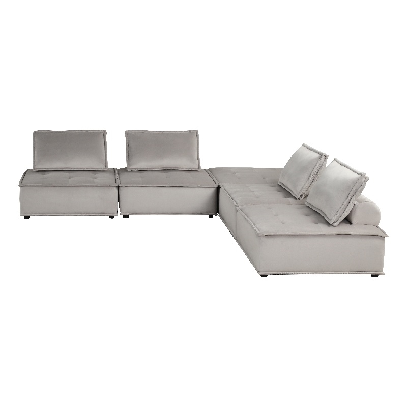 Lilola Home Anna Velvet 5 Pc Sectional Sofa with Tufted Seat in Light Gray