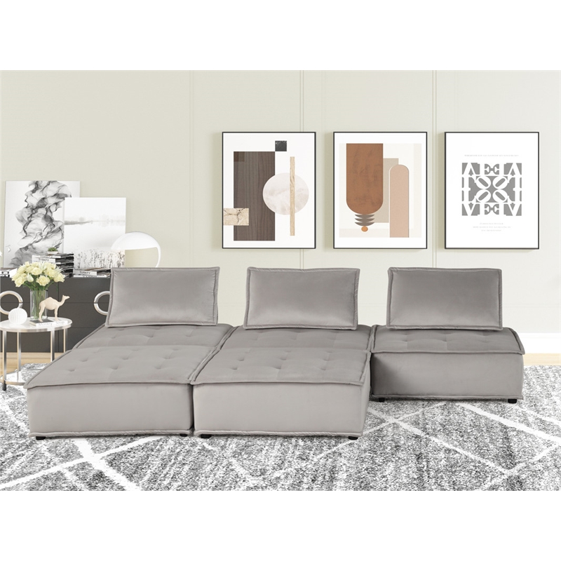 Lilola Home Anna Velvet 5 Pc Sofa and Loveseat with Tufted Seat in Light Gray