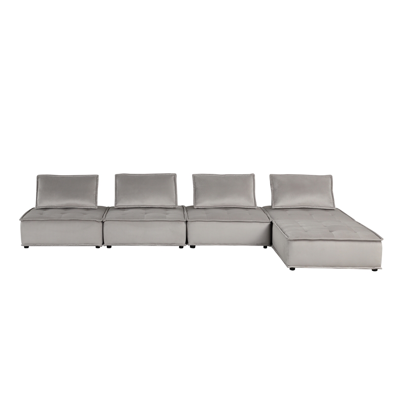 Lilola Home Anna Velvet 5 Pc Sofa and Loveseat with Tufted Seat in Light Gray