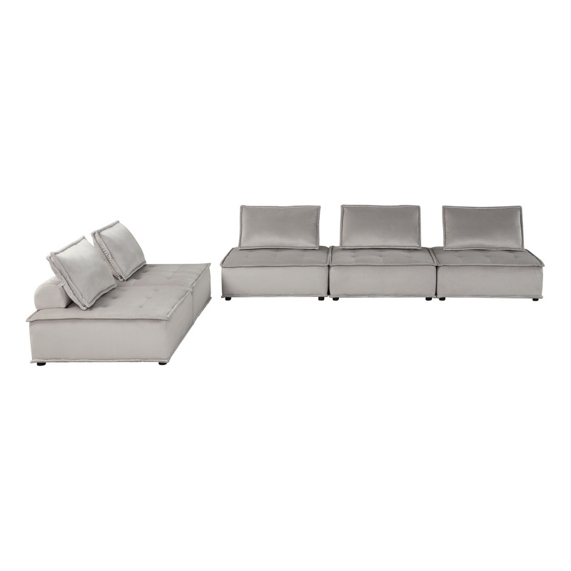 Lilola Home Anna Velvet 5 Pc Sofa and Loveseat with Tufted Seat in Light Gray