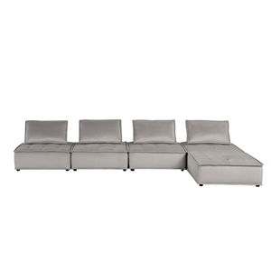 Lilola Home Anna Velvet 5 Pc Sectional Sofa Ottoman w/ Tufted Seat in Light Gray