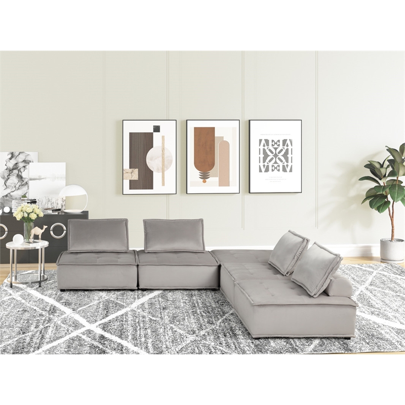 Lilola Home Anna Velvet 5 Pc Sectional Sofa Ottoman w/ Tufted Seat in Light Gray