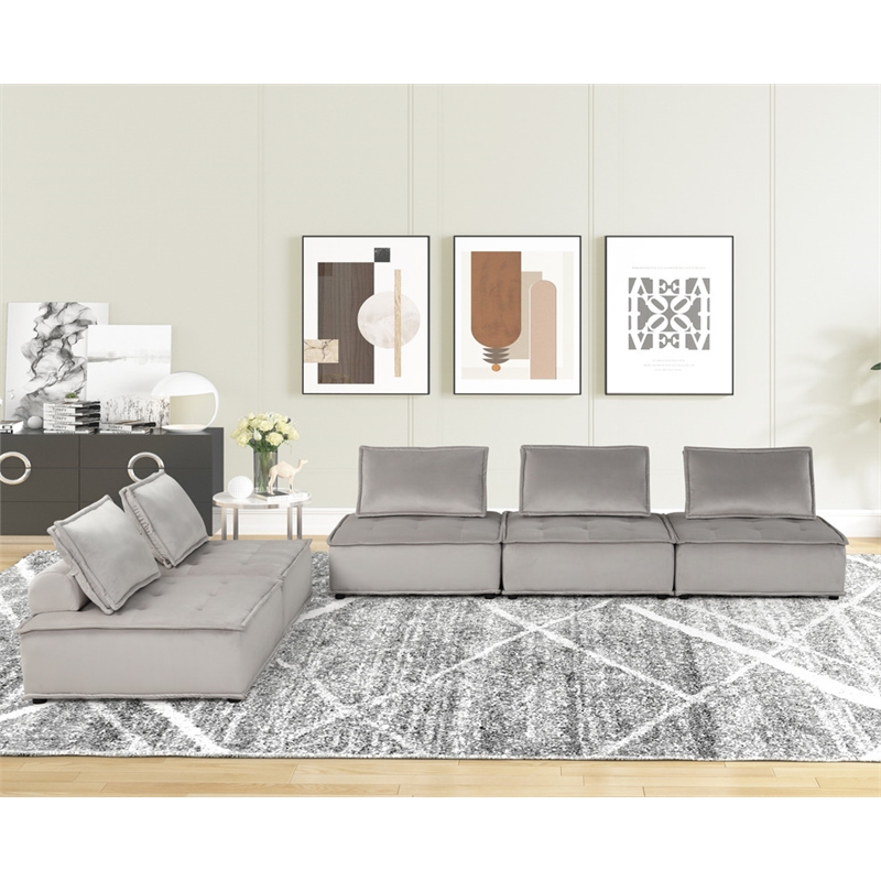 Lilola Home Anna Velvet 5 Pc Sectional Sofa Ottoman w/ Tufted Seat in Light Gray