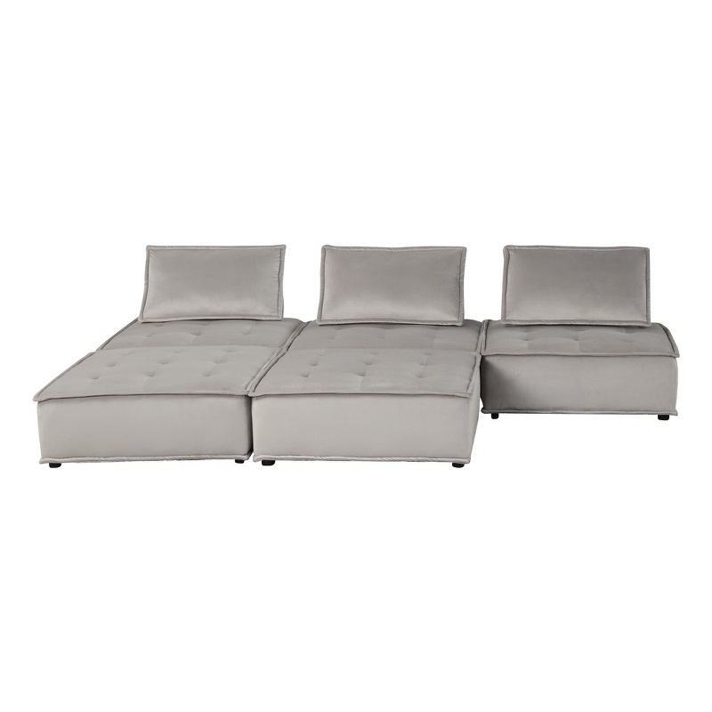 Lilola Home Anna Velvet 5 Pc Sectional Sofa Ottoman w/ Tufted Seat in Light Gray
