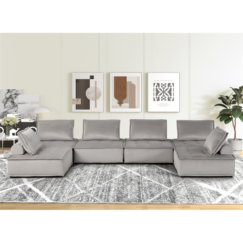 Lilola Home Anna Velvet 6-Seater U-Shape Modular Sectional Sofa in Light Gray