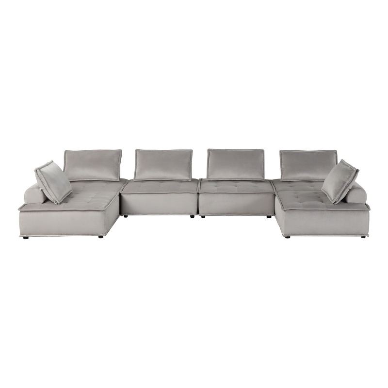Lilola Home Anna Velvet 6-Seater U-Shape Modular Sectional Sofa in Light Gray