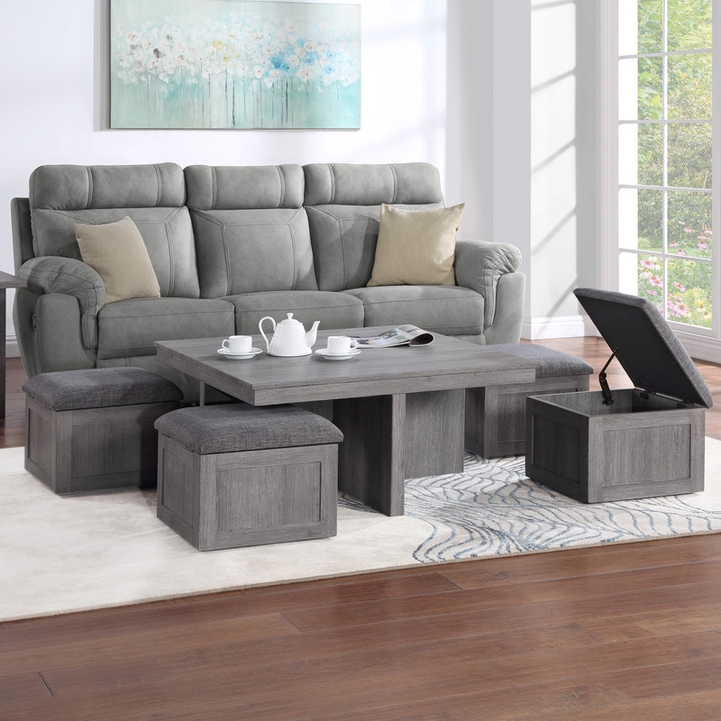 Moseberg Distressed Gray Wood Coffee Table with Storage Stools