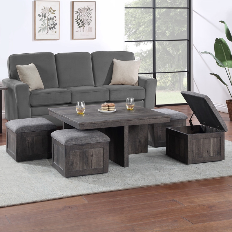 Moseberg Brown Rustic Wood Coffee Table with Storage Stools