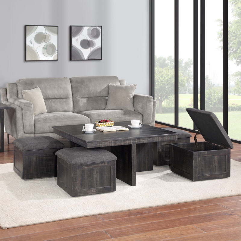 Moseberg Gray Oak Wood Coffee Table with Storage Stools