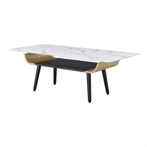Landon Coffee Table with Glass White Marble Texture Top and Bent Wood Design