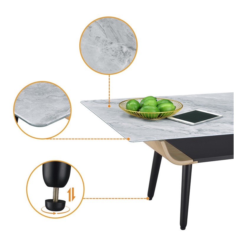 Landon Coffee Table with Glass Gray Marble Texture Top and Bent Wood Design